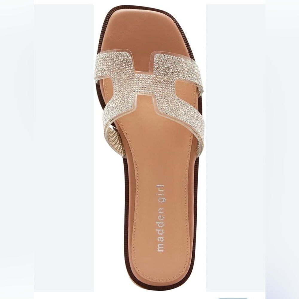 Madden Girl HAILEY Silver Rhinestone Sparkle H Strap Slip On Slide Sandals
